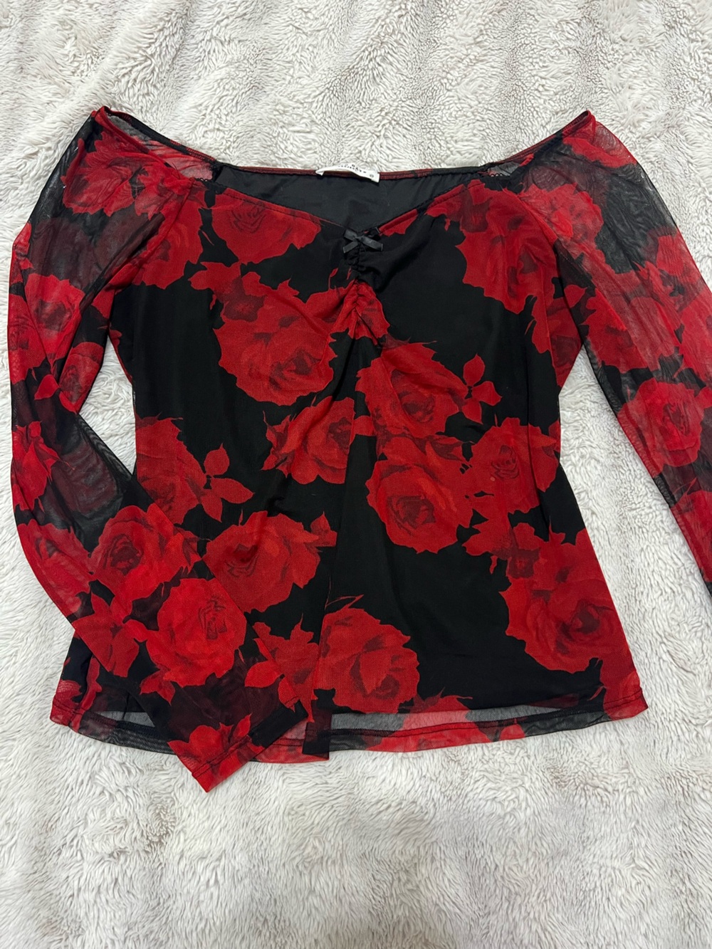 Red Floral Mesh Long-Sleeve Blouse - Women